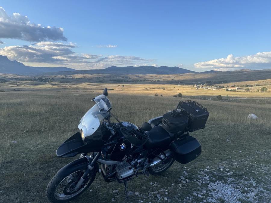 BMW R1150GS in open mountain fields